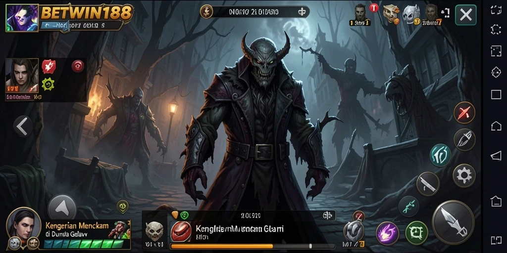 Tangkapan layar gameplay BETWIN188 yang menampilkan suasana menegangkan dan karakter horor.