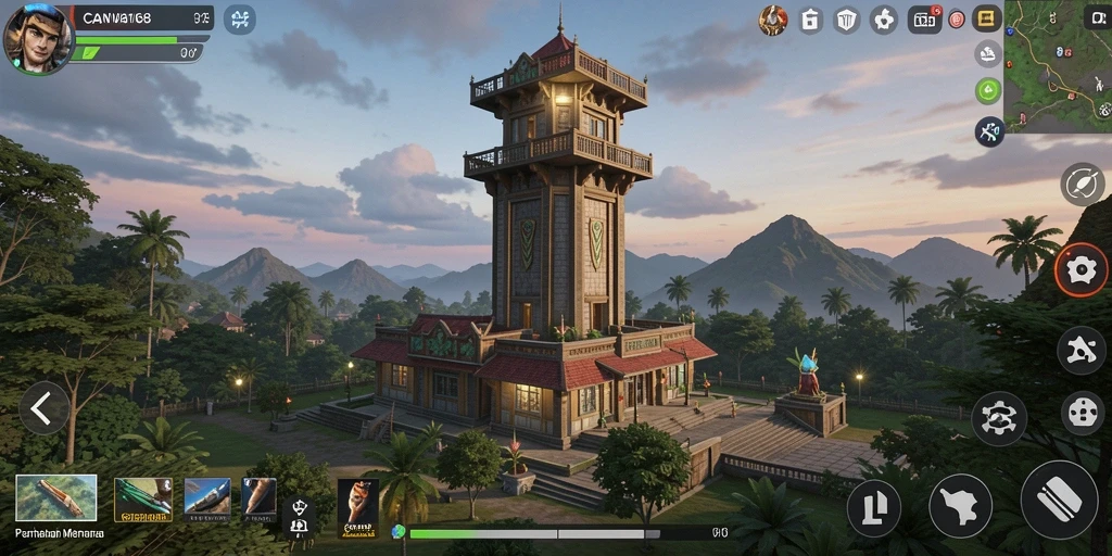 Tangkapan layar dari gameplay CANVA168 yang menampilkan menara dan musuh yang menegangkan.