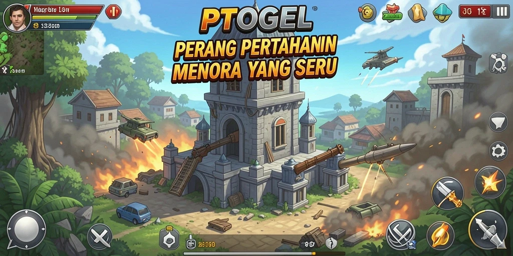 Tampilan gameplay PTTOGEL dengan menara dan musuh yang beragam.