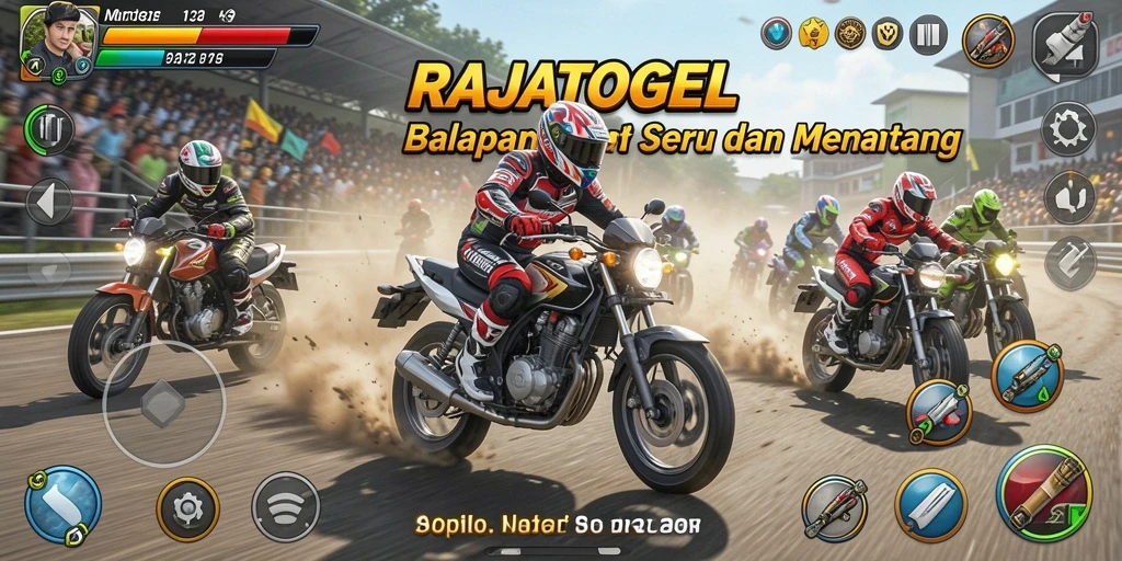 Tampilan gameplay menegangkan di RAJATOGEL saat balapan motor.