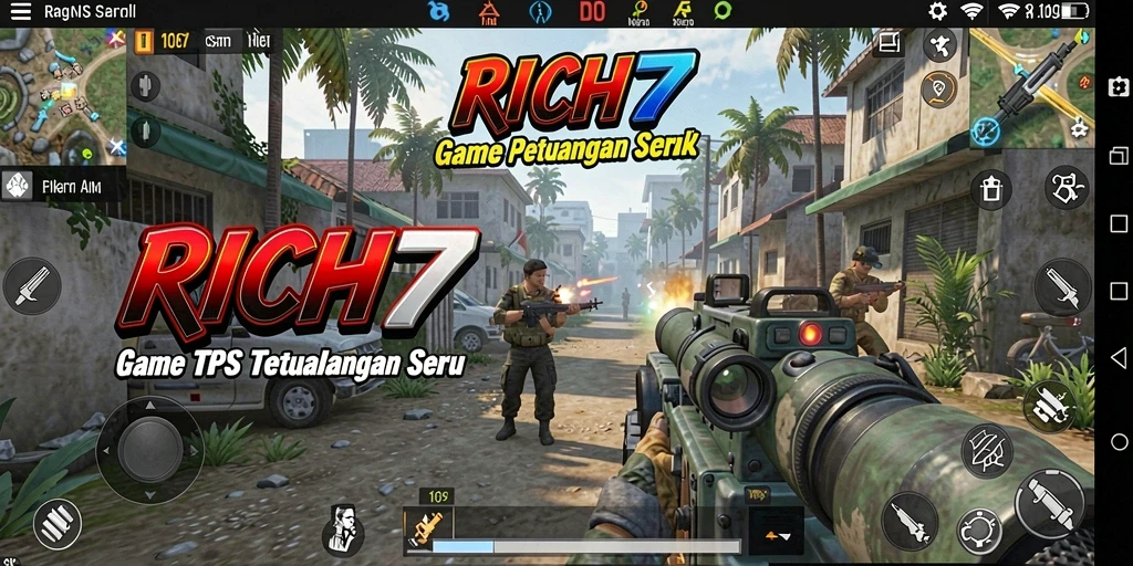Screenshot gameplay RICH7 menampilkan aksi seru dalam pertempuran TPS.