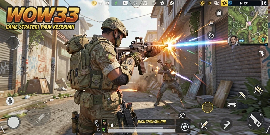 Screenshot WOW33 menampilkan aksi pertempuran seru di lingkungan dinamis.